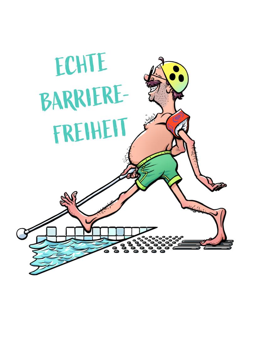 Mann mit Blindenstock und Badehose folgt einer Leitlinie, die direkt ins Becken führt.