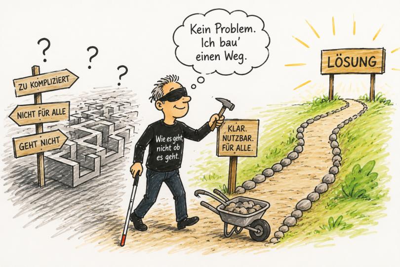 Zeichnung eines Mannes, der seinen Weg baut.
Links ist ein Labyrinth, darüber Fragezeichen. Auf einem Wegweiser steht "zu kompliziert", "nicht für alle" und "geht nicht".
Rechts im Bild ist ein Weg, auf einem Schild steht "Klar. Nutzbar für alle.", am Ende des Weges steht "Lösung".
In der Mitte ist ein blinder Mann dargestellt mit Brille und Blindenstock.